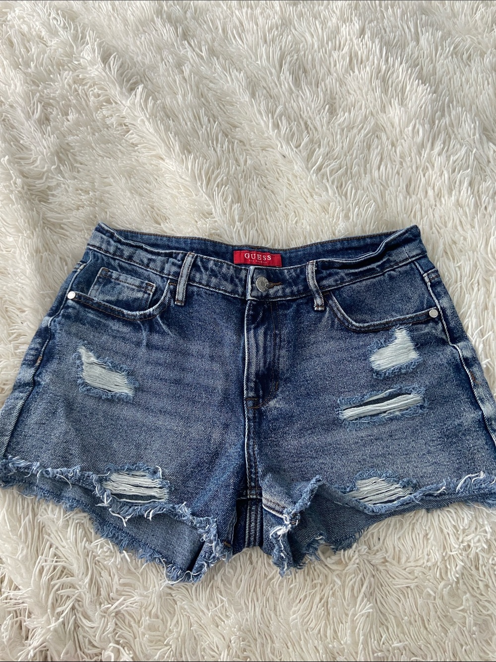 GUESS Distressed Dark Blue Denim Cutoff Shorts